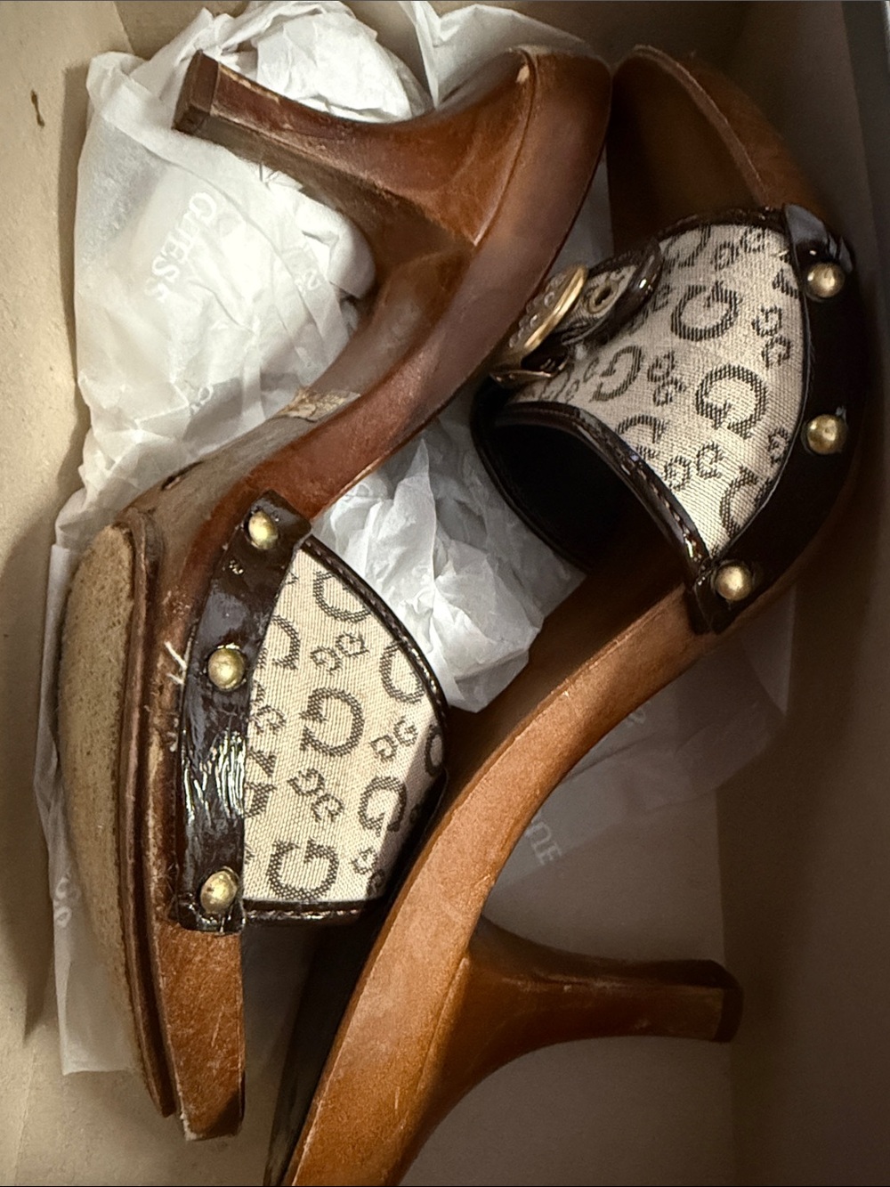 Guess Brown and Beige Logo Peep-Toe Sandals with Gold Accents